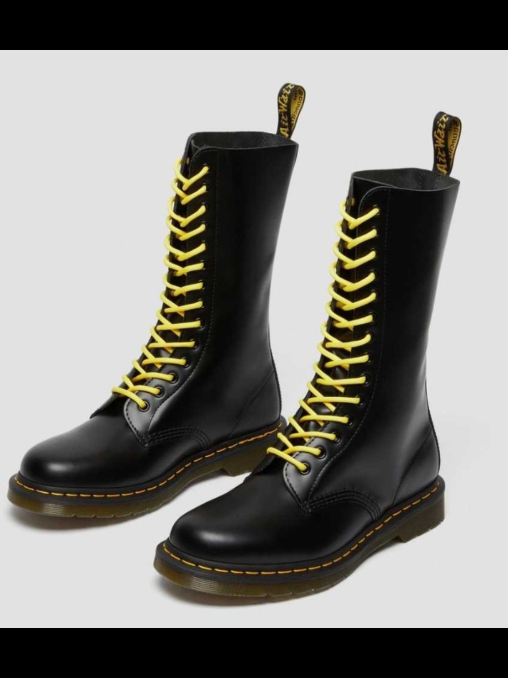 Dr Martens 1914 Black Leather Lace-Up Tall Boots with Yellow Laces Sz 12